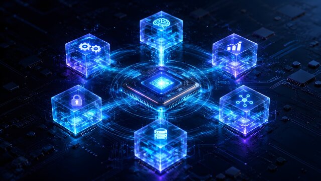 Central processing unit powering a sophisticated digital ecosystem, connecting artificial intelligence, secure data management, and advanced analytics for modern technology and business innovation.