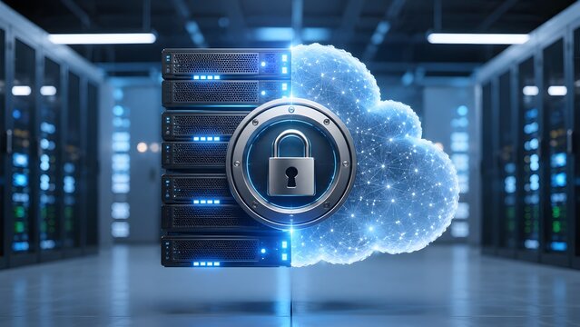 Advanced cybersecurity solution securing data in a modern cloud computing environment, featuring a padlock protecting networked servers within a professional data center infrastructure.