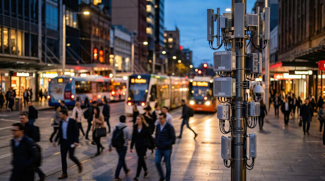 5G telecommunications antenna and security camera on a city street pole. Smart city infrastructure and urban connectivity concept. Blurred background with pedestrians and public transit at dusk