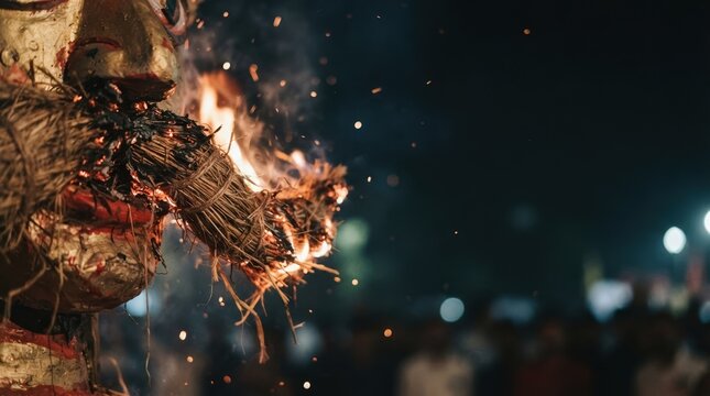Traditional festival bonfire ritual burning an effigy with straw and sparks flying in the dark night representing culture and celebration