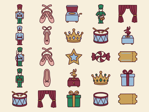Nutcracker Ballet Themed Icons Collection Festive Holiday Elements Set.