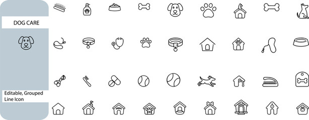 Fototapeta premium Dog care line icons set, pet supplies and veterinary service symbols, 40 editable vector health, puppy, kennel, bone, paw, collar, foo for animal grooming and health apps