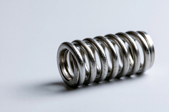 Coiled steel spring on grey background mechanical engineering macro