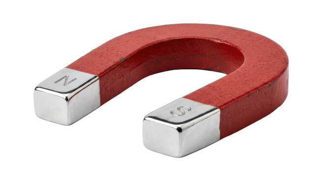 A classic red horseshoe magnet resting on a clean white background, captured in a crisp studio shot showcasing magnetic physics concepts.