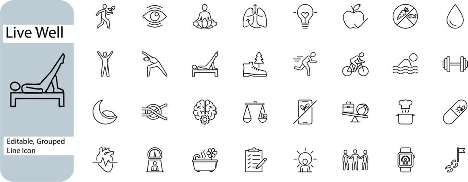 Live Well health and wellness icons, 32 editable line vector elements for fitness and lifestyle,exercise, nutrition, mental health, yoga, meditatio minimalist outline symbols for medical and self-care