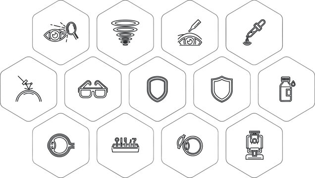 Vector set of optometry line icons in hexagonal frames featuring eye surgery glasses drops and phoropter