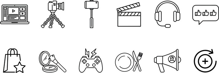 Vector set of black line blogging icons featuring camera selfie stick clapperboard gamepad and megaphone © Khairul