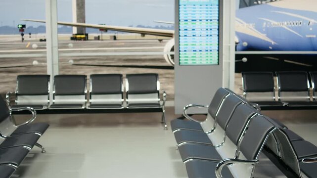 Spacious airport lounge overlooks the runway and flight information board, with empty chairs beside departure times and on-time flight details inside a modern transportation hub for air travel.