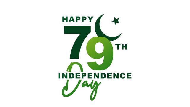 Happy pakistan independence day celebration graphic showing green text, number seventy nine, crescent, and star. Suitable for national day designs.