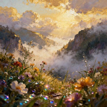Golden hour mountain valley oil painting with dewy wildflowers and sunlight rays