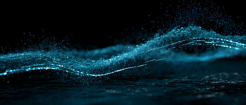 Abstract blue data stream flowing through digital space with glowing particles and light trails. Big data analytics technology background, idea for network communication design