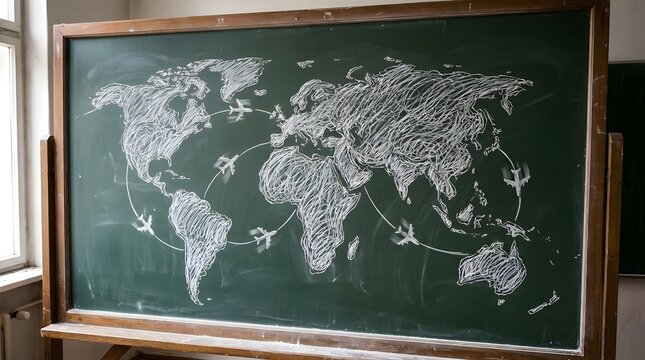 World map with airplane flight paths on chalkboard