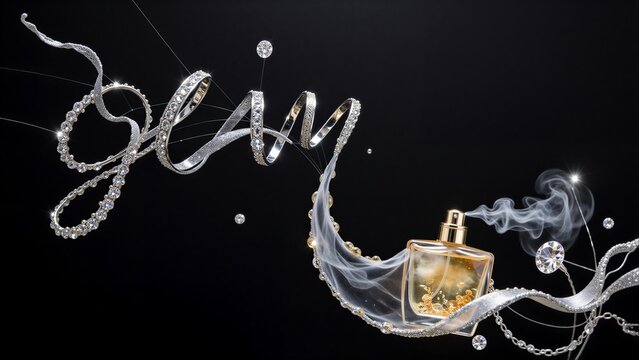 Diamond-studded "GLAM" word art with perfume and rings, luxury aesthetic.