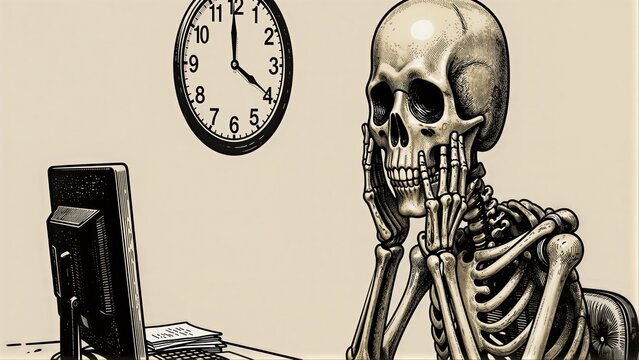 Skeleton sits at desk, clock ticks away as it faces computer screen.