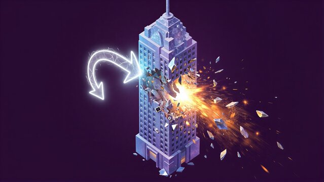 A building explodes in fiery chaos, with a glowing arrow pointing inward.