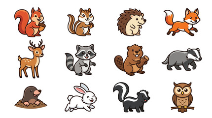 Fototapeta premium Cheerful woodland animals and forest wildlife character collection.