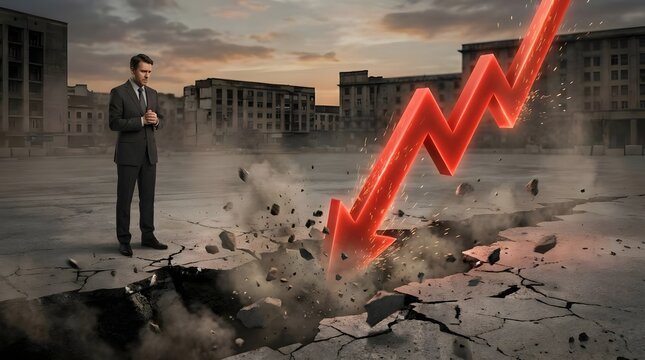 Businessman observing large red downward arrow in ruined city