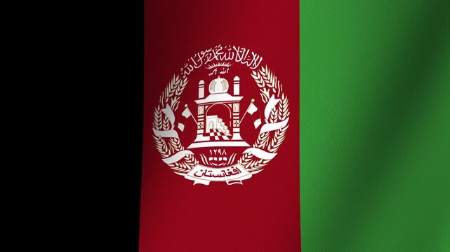Flag of Afghanistan: The national flag of Afghanistan, featuring vertical tri-color bands of black, red, and green, emblazoned with the national emblem in white.