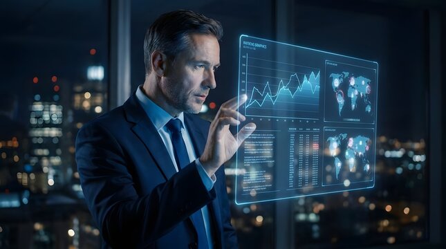 Businessman using digital holographic data interface at night
