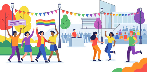 Fototapeta premium Diverse group celebrating pride parade with rainbow flag and festive decorations in a city square