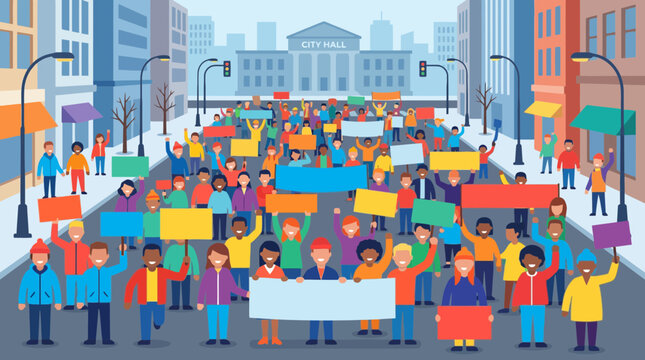 Diverse crowd marching with blank protest signs in a city street, advocating for change.