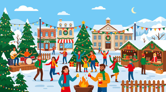 Festive Christmas Market Scene in Snowy Town Square with People Celebrating, Live Music, and Decorated Stalls