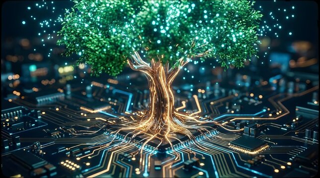 Digital tree with circuit roots on motherboard