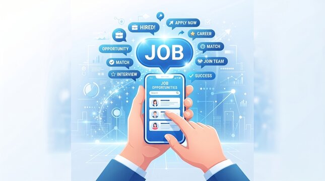 Hands holding a smartphone using a job recruitment app surrounded by career speech bubbles.