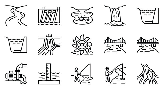 Hydropower and water dam industry vector set, hydroelectric power plant reservoir waterfall turbine irrigation canal pipeline fishing line art icons for renewable energy and engineering design