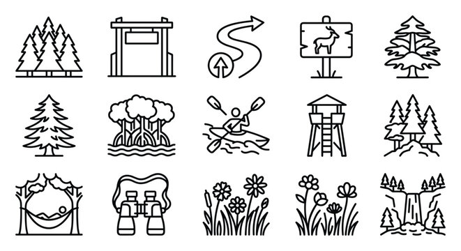 Nature park and outdoor adventure vector set, forest tree mountain hiking trail kayaking watchtower flower tent binocular grass line art icons for eco tourism travel and landscape design use