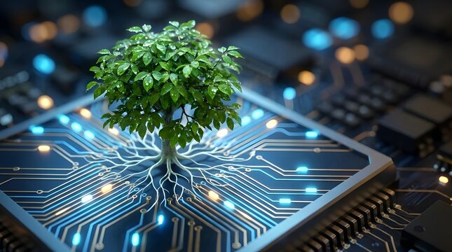 Green tree growing from electronic circuit board