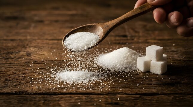 Hand pouring white sugar from wooden spoon