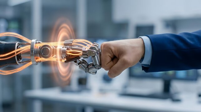 Human hand fist bumping with robotic hand