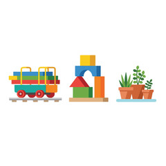A vibrant vector illustration featuring a toy train car carrying blocks, a small building block house, and three green potted plants in clay pots.