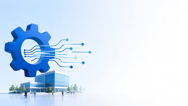 Corporate illustration of a gear with data flow lines and a company building with small business people - digital transformation concept banner with copy space