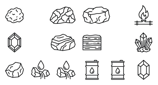 Mining and natural resources vector set, coal stone gemstone diamond crystal mineral ore oil barrel gold nugget raw material line art icons for mining industry geology and energy design use
