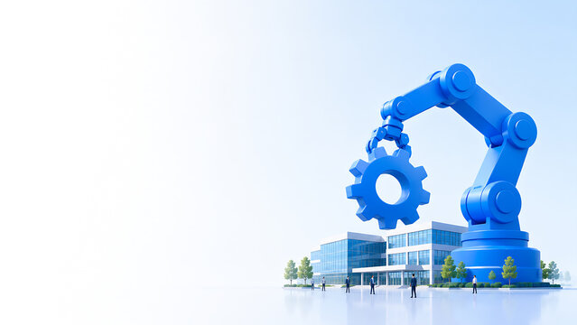 Corporate illustration of a robotic arm with a gear and a company building with small business people - business process automation concept banner with copy space