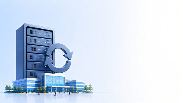 Corporate illustration of a server with a renewal arrow and a company building with small business people - legacy system renewal concept banner with copy space