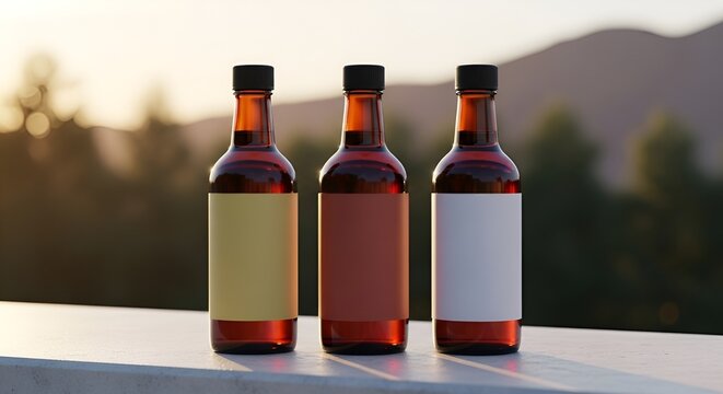 Three amber glass bottles containing a rich, dark liquid, presented side-by-side with customizable labels, set against a sun-drenched mountainous landscape during golden hour, evoking a sense