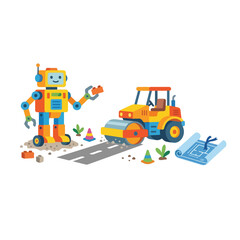 Fototapeta premium This vector art shows a helpful robot holding a toy brick next to a steamroller working on a road construction site with blueprints.