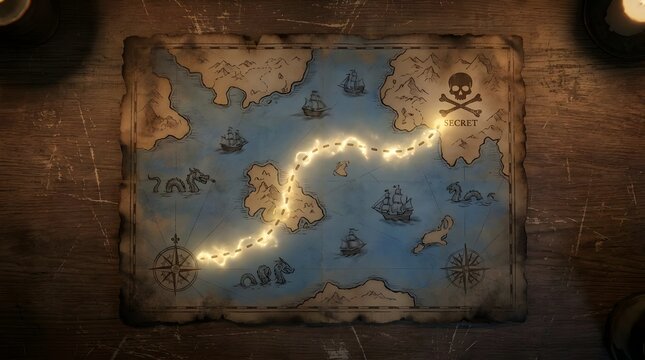 Pirate treasure map with glowing path on wooden table