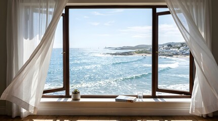 Fototapeta premium Beautiful ocean view framed by a large window, filling the room with natural light and peaceful coastal scenery. Perfect for travel, home interiors, relaxation, and seaside lifestyle concepts. 