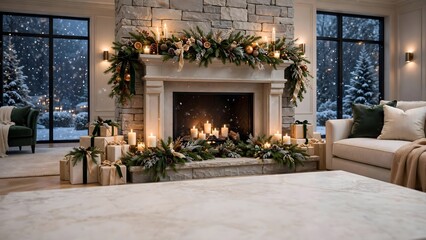 Fototapeta premium Elegant luxury living room featuring a beautifully decorated Christmas fireplace with festive garlands, candles, wrapped gifts, and a cozy winter atmosphere
