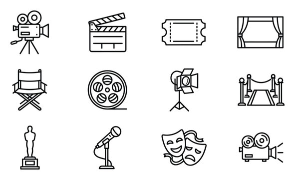 Cinema and film production vector set, movie camera clapperboard ticket theater curtain director chair film reel spotlight award mask projector line art icons for entertainment industry design