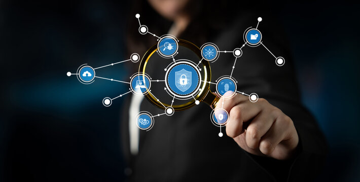 A business professional engages with a digital security interface featuring icons representing data protection and technology in a modern, innovative workspace. Tessel