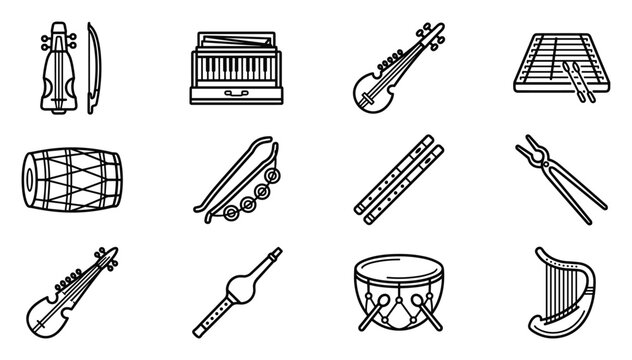 Traditional and classical musical instruments vector set, violin piano guitar drum harp flute xylophone tambourine banjo harmonica line art icons for music education and cultural design use