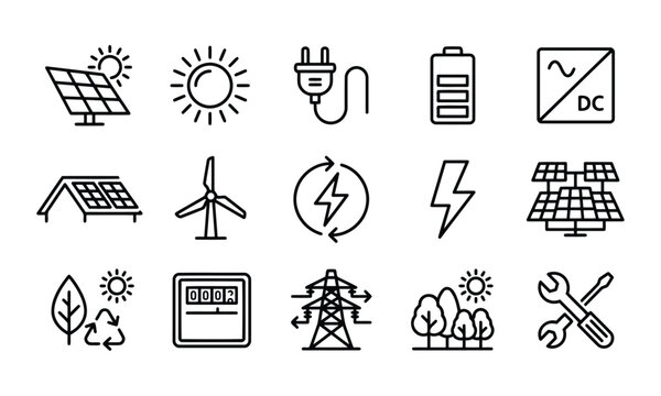 Renewable energy and green power generation line icon set