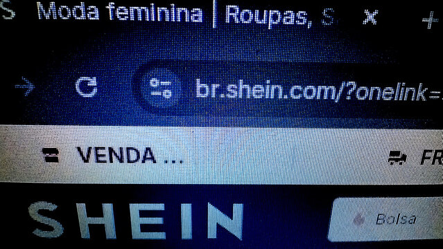 ITABIRA, MINAS GERAIS, BRAZIL - JULY 26, 2026: Close up of Shein logo and website URL br.shein.com in a web browser address bar