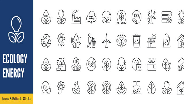 Ecology and energy icon set for green power and sustainable technology projects with sustainability environment renewable conservation pollution industry