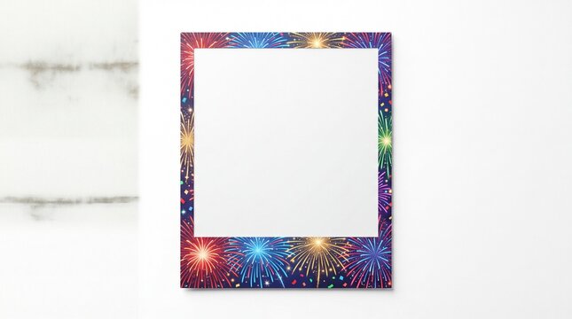 Square photo frame decorated with colorful festive fireworks